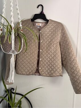 Talbots Quilted Taupe Button-Front Puffer Jacket